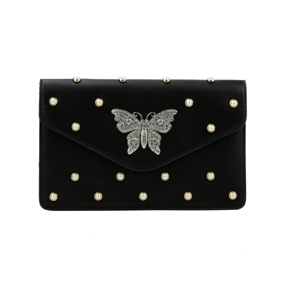 Pearl Studded Clutch w/Rhinestone Butterfly